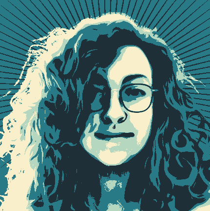 Blue and white portrait of Edith - long curly hair and glasses.